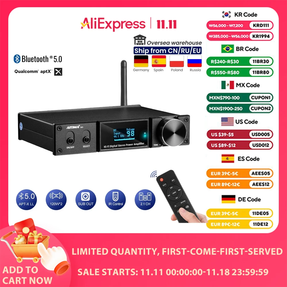 AIYIMA-D05 5.0 블루투스 사운드 앰프 120W × 2 HIFI 2.1 채널 디지털 파워 앰프 추천상품