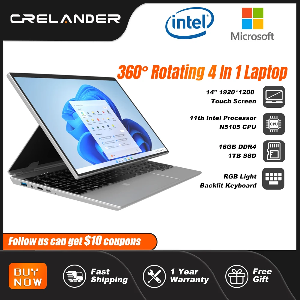 CRELANDER 2in1 태블릿 Intel N5105 프로세서 14형 터치스크린 360도 회전 RAM 16GB 노트북 내돈내산 리뷰