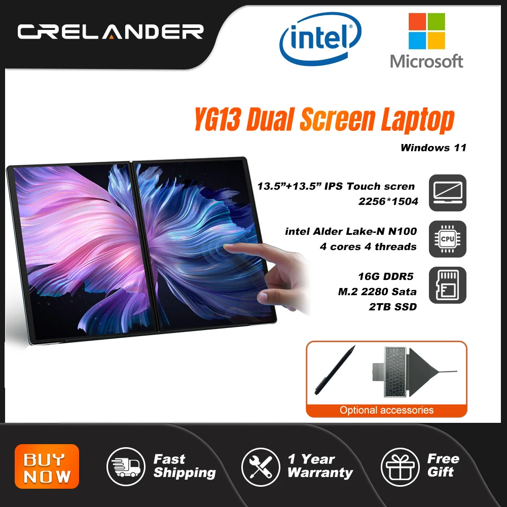 CRELANDER YG13 듀얼 스크린 노트북Intel N100 CPU 13.5형 2.5k 터치스크린 DDR5 16GB M2 SSD YOGA 노트북 태블릿 후기