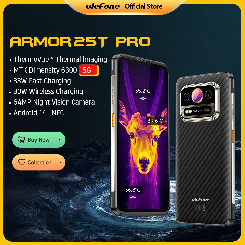 Ulefone Armor 25T Pro 5G 열화상 견고한 휴대전화 Android 14 33W 64MP 야간 투시 휴대전화 NFC 방수 스마트폰 핫딜